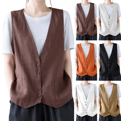 Mujeres Algodón Lino Sin Mangas Chaleco Abrigo Damas Botones Chaleco Informal Camiseta sin Mangas - Imagen 2 de 45