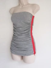 NWOT MODA International Neon Pink Side Zippers Ruched Gray Strapless Top Size M 