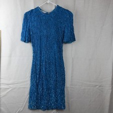 Vintage Lawrence K Dress Womens Small Blue Sequin Beaded Short Sheath Party
