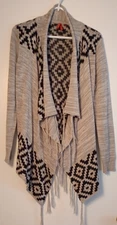 Red Camel Women's Black & Gray Open Front Cardigan Sweater With Fringe Size M