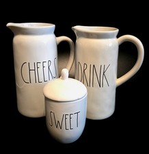  374 Rae Dunn 3 Piece Lot: Drink  Cheer Pitchers  Sweet Sugar Jar With Lid