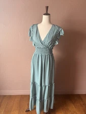 Max Studio Women's Pebble Crepe Flutter Sleeve Maxi Dress, Blue, M