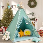 Teepee Tent for Kids with Padded Mat Cotton Canvas Kids Tent with Pompom Green