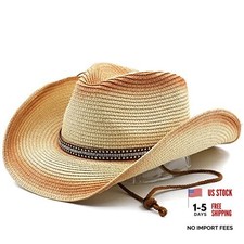 Mens Straw Cowgirl Cowboy Hat Women Floppy Packable Wide Brim One Size Beige