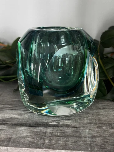 Murano Glass Flavio Poli Sommerso green & blue faceted cube vase