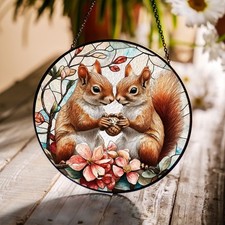 Squirrel Stained Glass Suncatcher, Outdoor Window Hanging Decor, Forest Faux