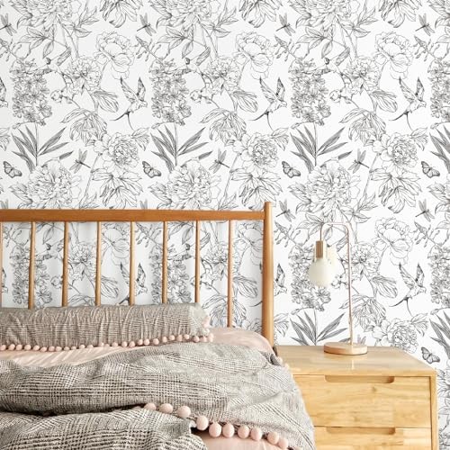 White and Black Wallpaper Peel and 17.3" x 118" Black & White Peonies & Animals - Imagen 4 de 7