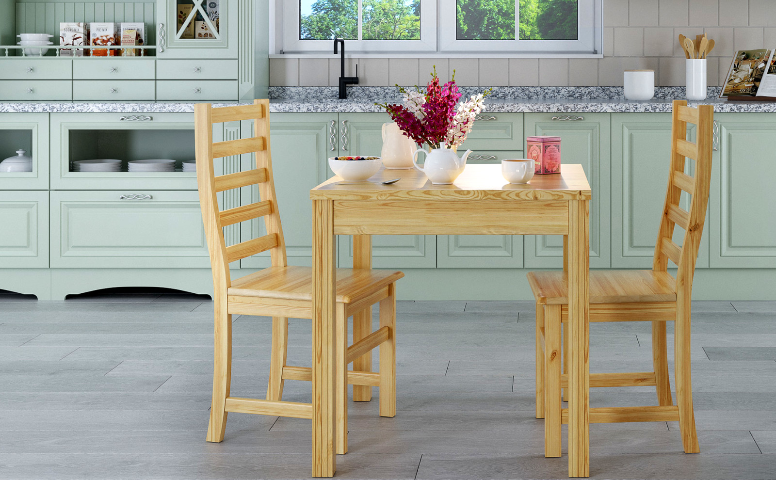 Set tavolo da pranzo quadrato in Pino zampe intagliate e 2 sedie 90.70-50C-Set21 foto 2