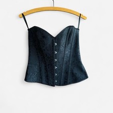 Black Jacquard Overbust Lace Up Corset Bustier with Floral Pattern