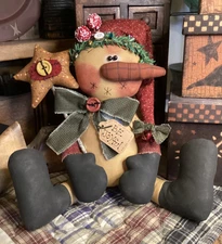 Primitive Snowman Doll & Star Wand Handmade ~ Signed Dated THREADBARE PRIMITIVES