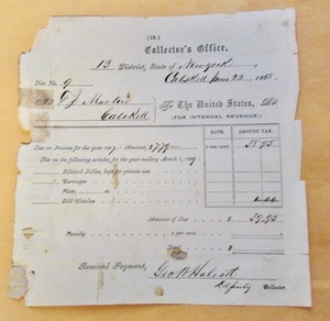 original 1868 income tax statement from Catskill New York