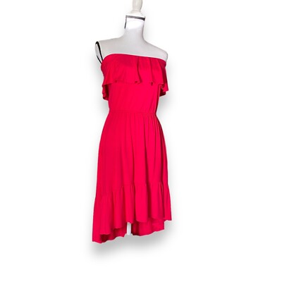 Three Dots Ruffled Strapless Midi Dress Sz S Pinkish Red Stretch Jersey Beachy