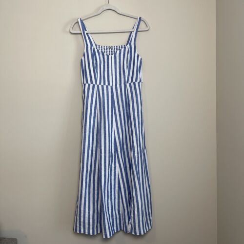 NWT Old Navy Fit & Flare Stripped Sleeveless Midi Linen Blend Dress Pockets - Picture 1 of 7