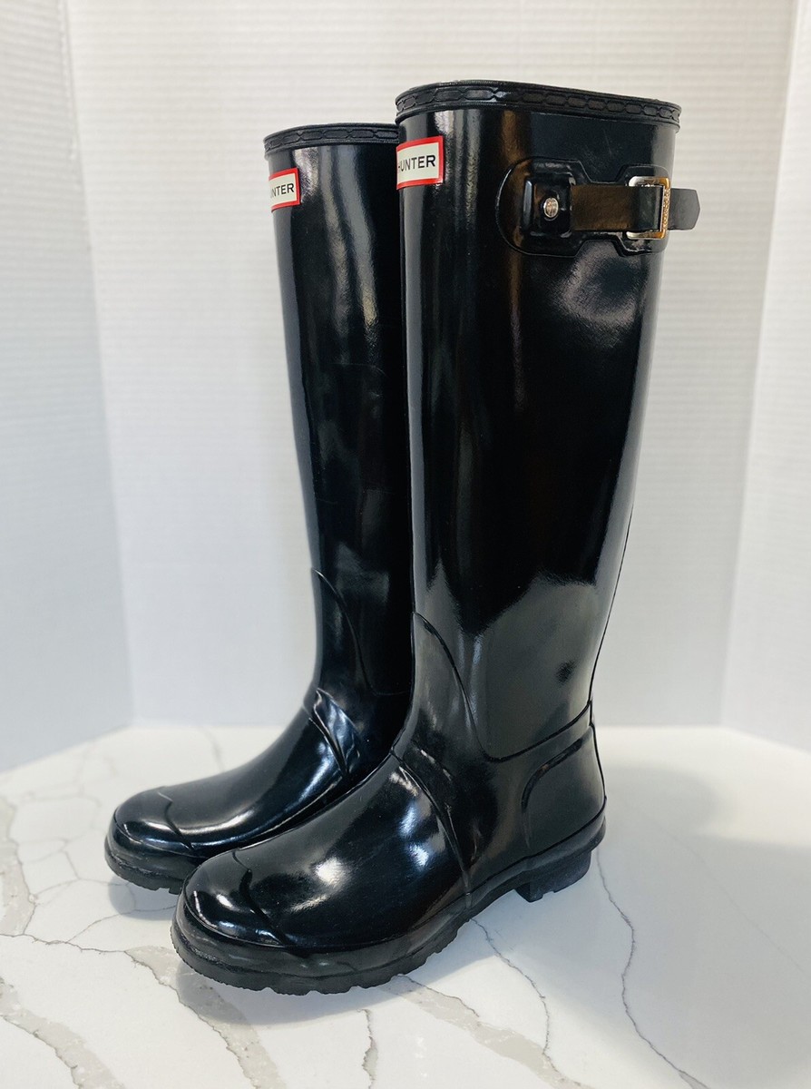 Hunter Original Tall Gloss Rain Boots Black Womens Size 8 Rubber
