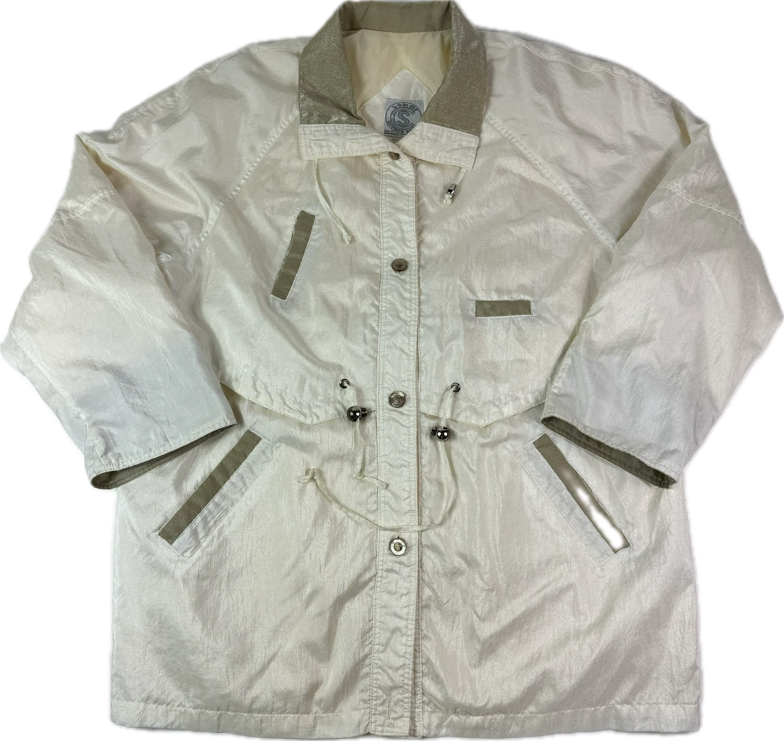 Vtg Womens Fancy Pearlized Cream Button Jacket Vent Waist Drawstring XL Snow Ski