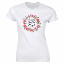 Grateful Thankful Blessed with Red Flowers White T-Shirt for Women Holiday Tee