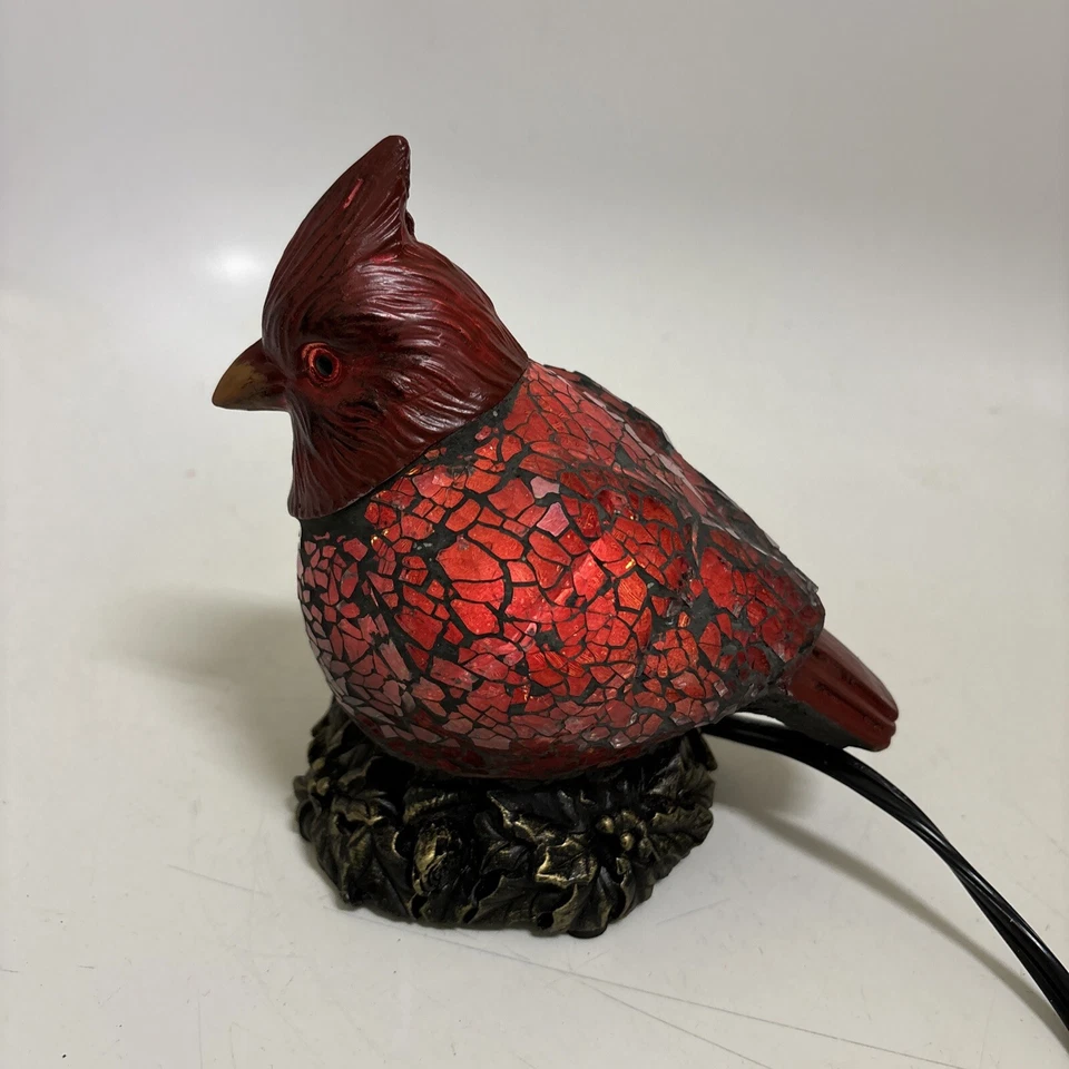 Red Cardinal Crackle Glass Mosaic Stained Glass Accent Memorial Lamp Nightlight - Image 2 of 4