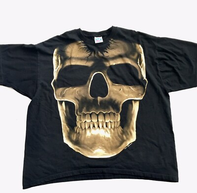 Original Vintage 90s Liquid Blue Skeleton Skull Ribs Full Print T