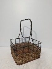 Vintage Wire and Wicker Storage Serving Basket, 14" x 10" x 10"