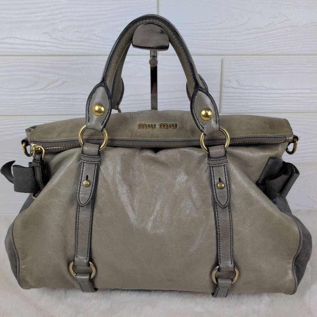 Miu Miu Vitello Shine Leather 2way Handbag Shoulder Bag Gray