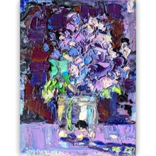 Textured Floral Original Oil Painting Art Purple Flowers in Vase on Canvas board