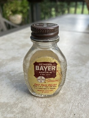 Vintage Bayer Aspirin Embossed Glass Bottle With Lid