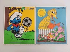 Vintage Playskool Sesame Street Big Bird & Smurfs Wooden Puzzles Wood