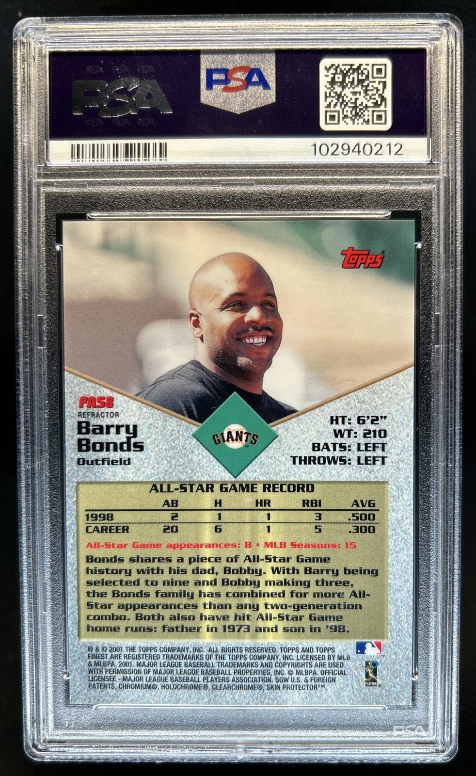 2001 Topps Finest Barry Bonds All Stars Refractor #FAS8 Giants PSA 10 GEM MINT view 2