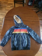 Kids Boys Puffer Jacket Size M Black Retro Rainbow Stripe Sherpa Lined Hood