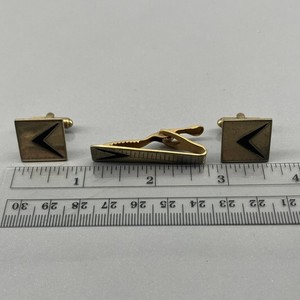 Vintage Mid Century Modern Gold Tone Black Enamel Chevron Cufflinks Tie Bar Set
