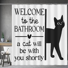 Funny Shower Curtain Set   Cute Black Cat Bathroom Decor, Waterproof Polyester