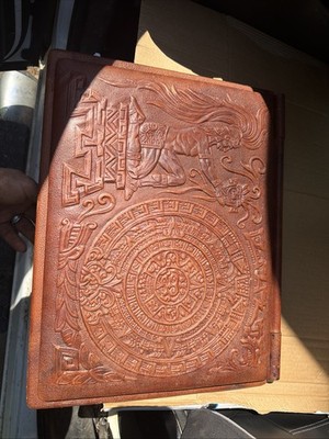 Large Vtg Tooled Leather Art Folio Blotter Aztec Mayan Writing Pad Montiel Hros