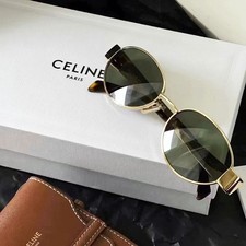 Celine CL40235U 30N Triomphe Metal Oval Sunglasses Gold Green Lens