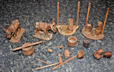 Vintage wooden Carved Donkeys Figurine Set Very Old Broken