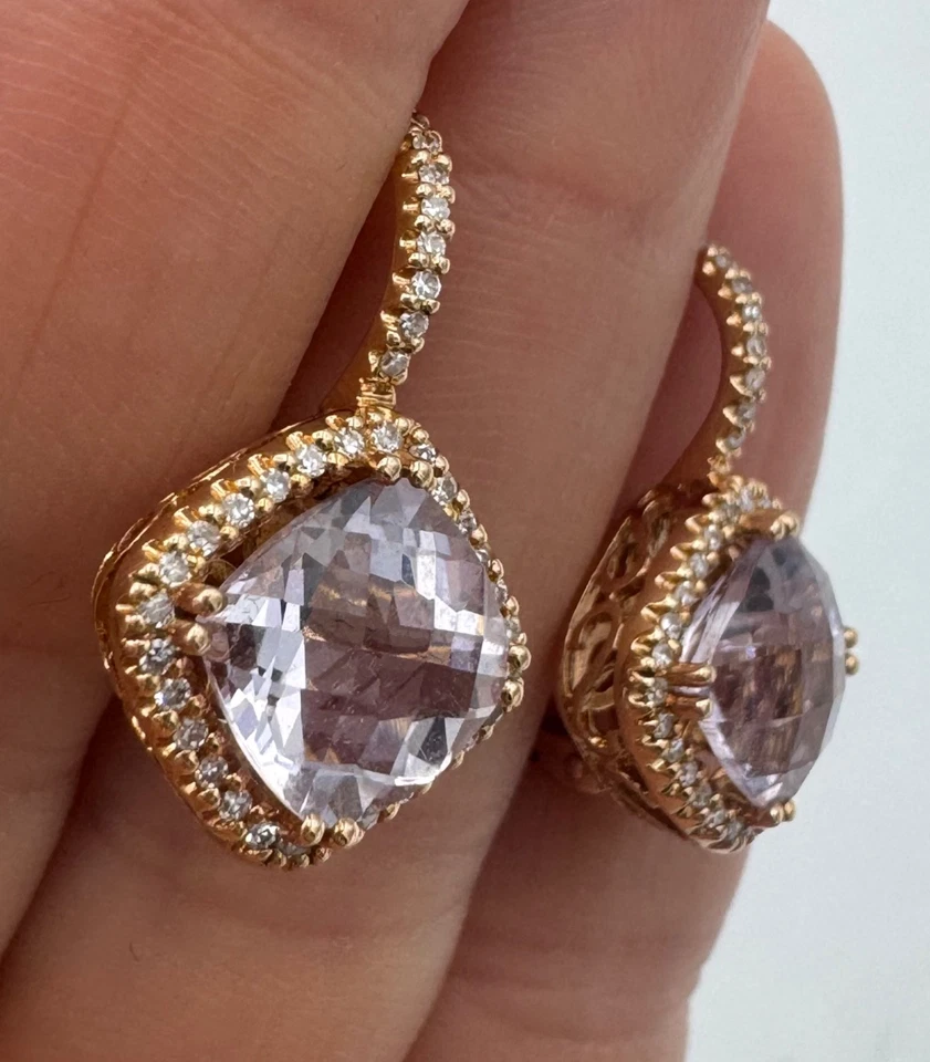 14K ROSE GOLD DIAMOND & MORGANITE MICROPAVE HALO CUSHION CUT DROP EARRINGS - Image 3 of 4