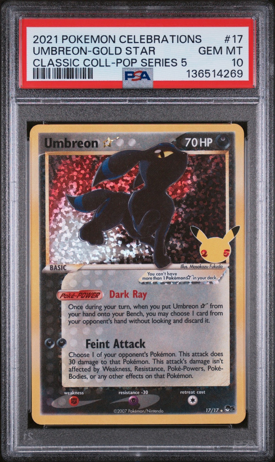 2021 Pokemon Celebrations Classic Coll Pop Series 5 #17 Umbreon Gold Star PSA 10