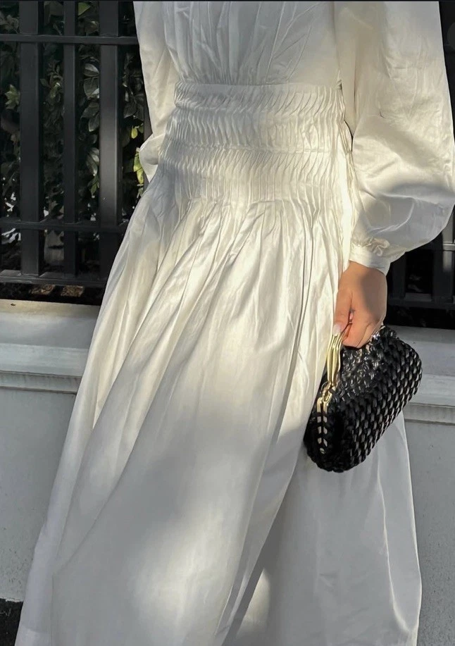 Vestido Aje Talla AU 14/US 10 Negro Manga Abullonada Midi Acanalado Elegante Foto 2 de 4