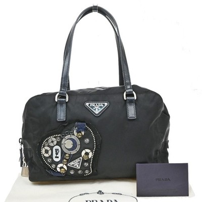 PRADA Logo Prada Evening Tessuto Hand Bag Nylon Leather Black italy 33KD381