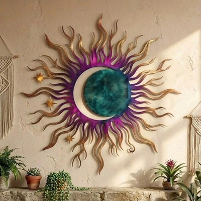 Celestial Sun and Moon Metal Wall Art, Boho Moon Phase Decor, Colorful Celestial