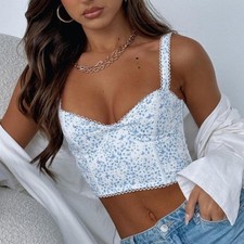 White Fox Corset Top MEDIUM White Blue Floral Crop Bustier Crop Cottagecore