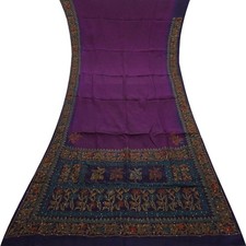 Vintage Purple Saree 100 Pure Crepe Silk Hand Embroidered Sari 6YD Craft Fabric