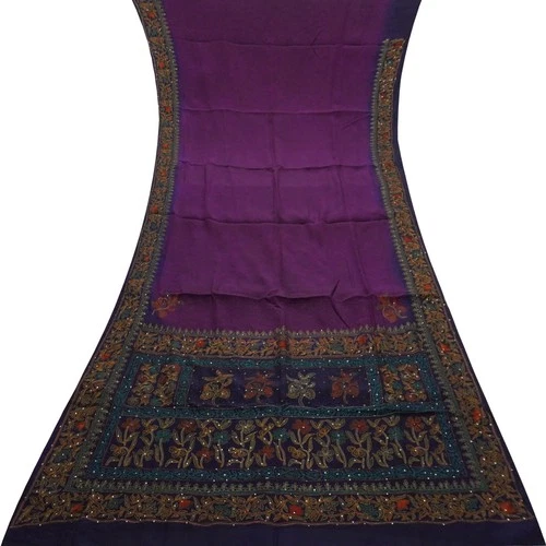 Vintage Purple Saree 100% Pure Crepe Silk Hand Embroidered Sari 6YD Craft Fabric
