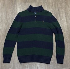 Polo Ralph Lauren Boys L 14-16 Green Navy Striped 1/4 Zip Pullover Sweater