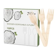 100 Pack Disposable Wooden Forks, 6.2 Inch Splinter-Free Birch Cutlery, Compo...