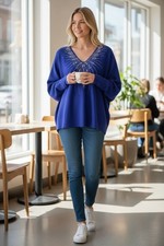 Liv Milano Womens M Blue Knit Sweater Crystal Pearl Rhinestone Long Sleeve