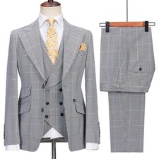 Men Gray Check Suit Jacket Single Breasted Wide Peak Lapel Business Classic