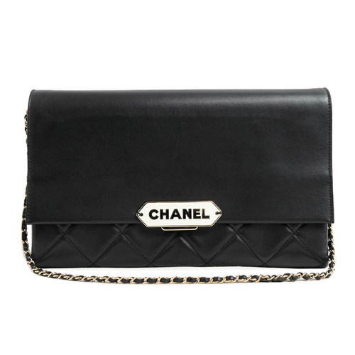 CHANEL Logo Plate Matelassé Shoulder Bag Black #431