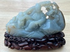 Outstanding Vintage Chinese Carved Jade Figural Group on Original Wooden Stand.