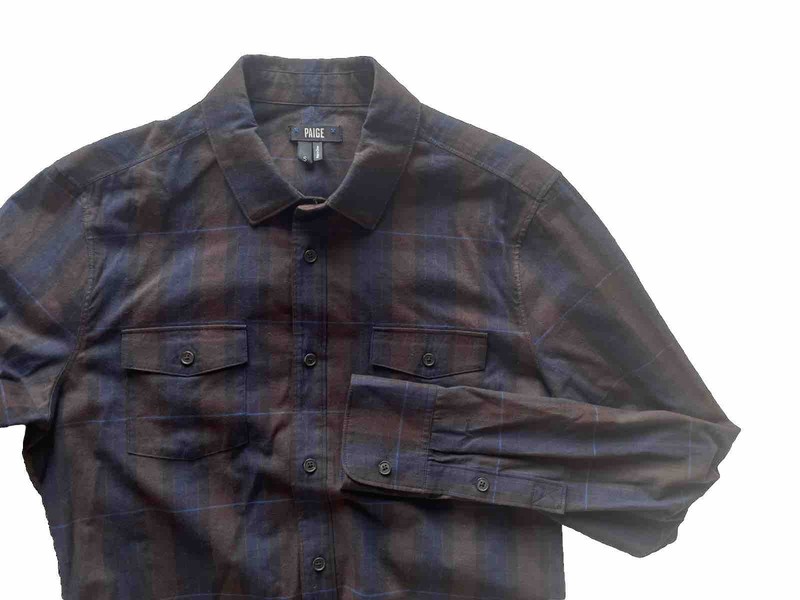 *NEW* PAIGE men SMALL long sleeve dress casual shirt plaid flannel brown blue