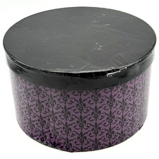 Vintage Hat Box DAMAGED !! Large Sturdy Cardboard Black-on-Purple Damask Pattern
